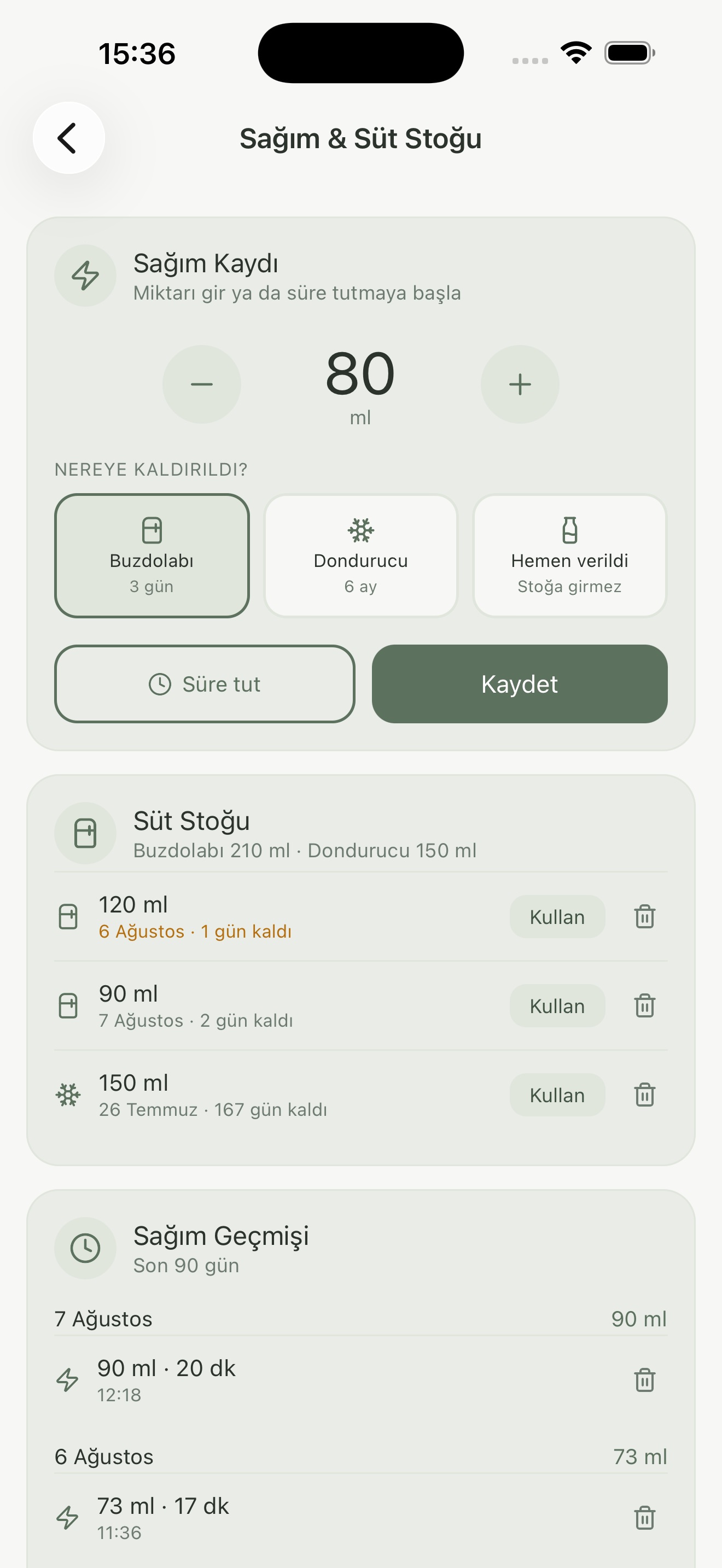 Beluna sağım ve süt stoğu ekranı
